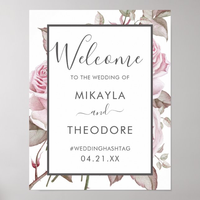 Póster Hermoso signo de bienvenida Boda de rosas rosas (Frente)