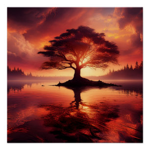 Póster Hermoso Sunset Con Árbol En El Frente