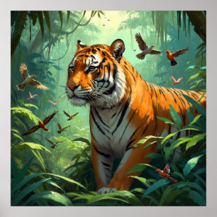 Póster Hermoso tigre con pájaros en la selva