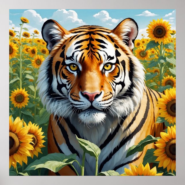 Póster Hermoso tigre en floral de campo girasol (Frente)