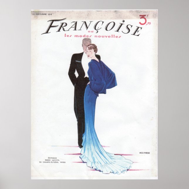 Póster Hermoso vestido azul vintage francés vespertino (Frente)