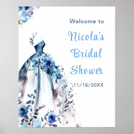 Póster Hermoso Vestido Floral Azul Ducha De Novia Bienven