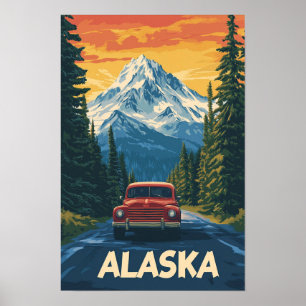 Póster Hermoso viaje de Ilustracion Vintage de Alaska USA