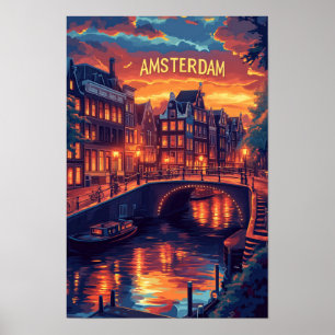 Póster Hermoso viaje de Ilustracion Vintage de Amsterdam