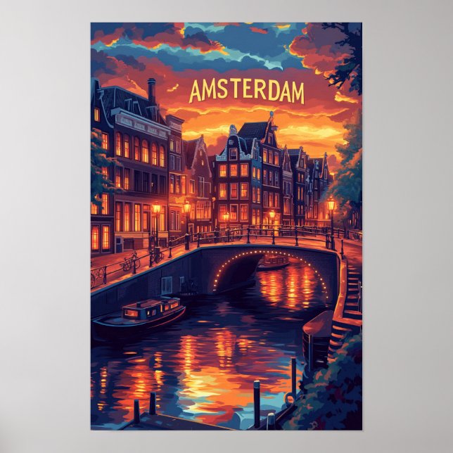 Póster Hermoso viaje de Ilustracion Vintage de Amsterdam (Frente)