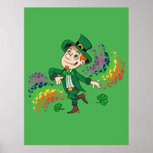 Póster Hermoso y alegre leprechaun bailando, un arco iris