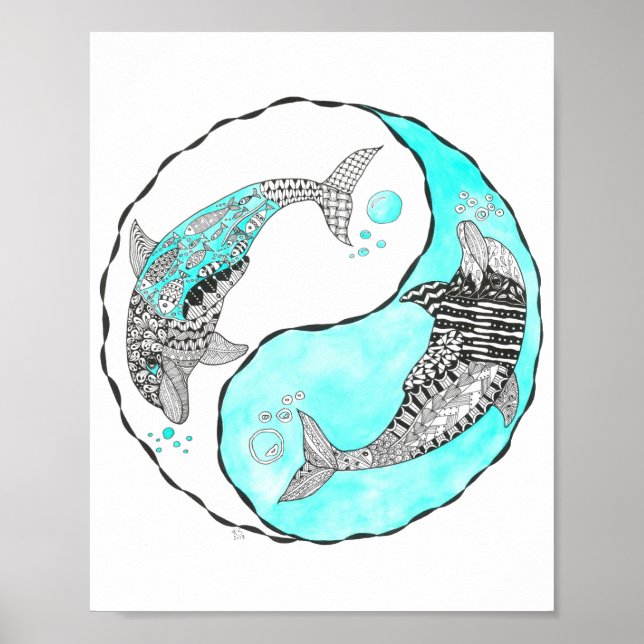 Póster Hermoso Yin y Yang Dolphins Poster de 8" x 10" (Frente)