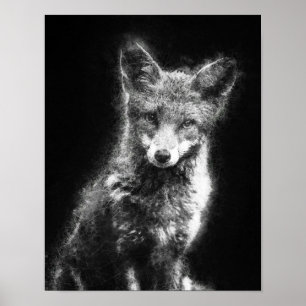 Póster hermoso zorro dibujo artístico en negro y blanco