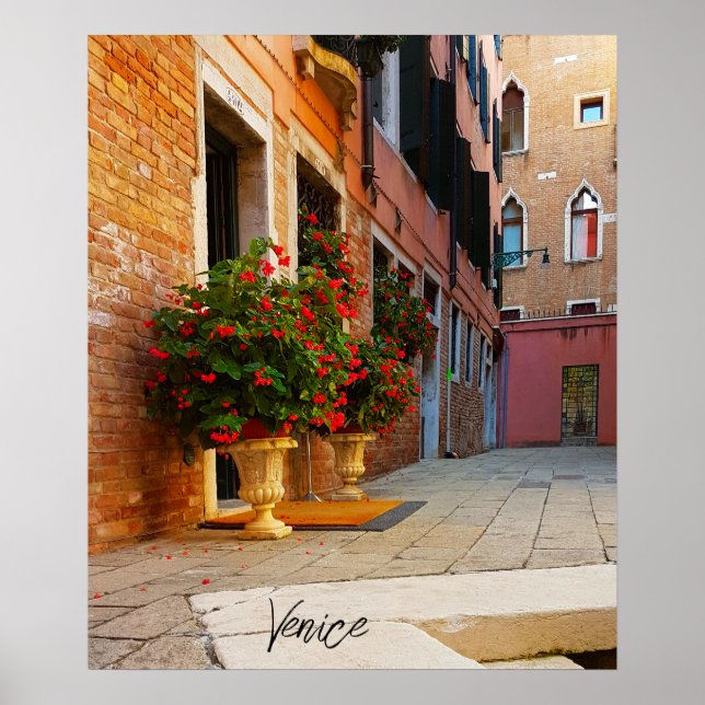 Póster Hermosos canales de flores rojas de Venecia Italia (Frente)