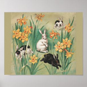 Póster Hermosos conejitos con flores de Daffodil Semana S