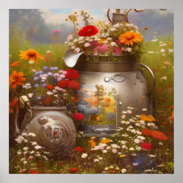 Póster Hermosos girasoles flores silvestres azul rojo