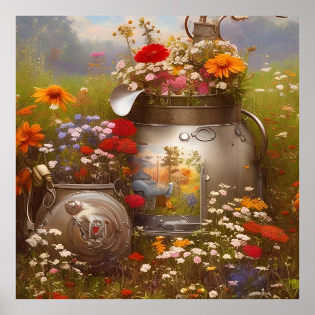 Póster Hermosos girasoles flores silvestres azul rojo (Frente)