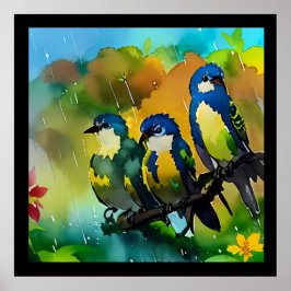 Póster Hermosos Tres Pájaros Coloridos Sentados En Rama I