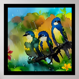 Póster Hermosos Tres Pájaros Coloridos Sentados En Rama I
