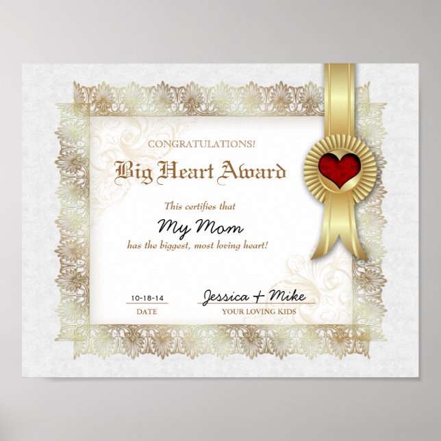 Póster Hero Heart Love Award Certificate Best Mom (Frente)