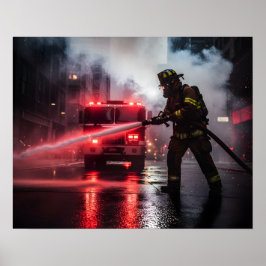 Póster Heroic Firefighter Rescue Scene Poster