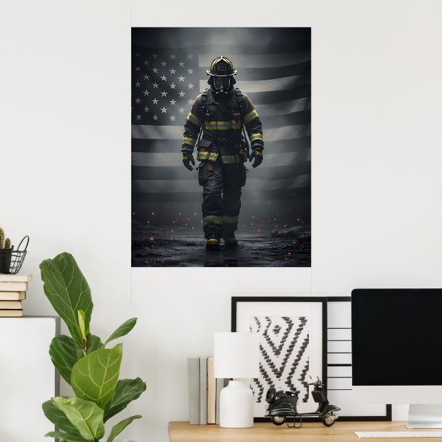 Póster Heroic Firefighter Walking Through Smoke poster (Oficina en casa)