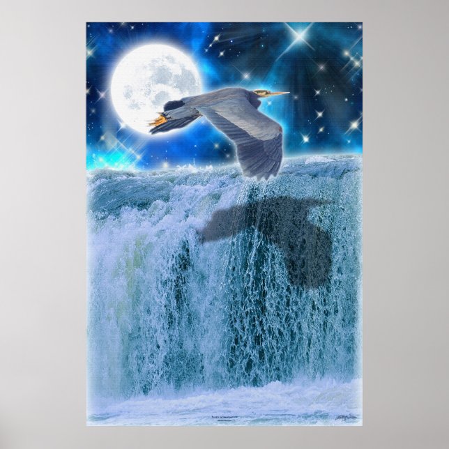 Póster Heron, Moon & Waterfall Fantasy Poster (Frente)