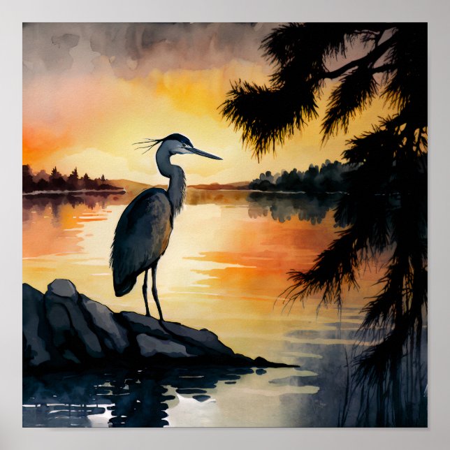 Póster Heron viendo la acuarela del atardecer (Frente)