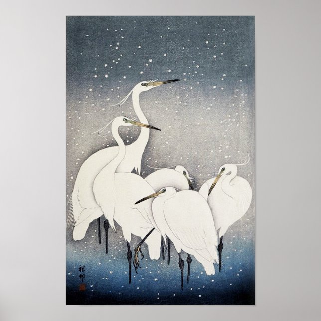 Póster Herones blancos en la nieve, Ohara Koson, Woodcut (Frente)