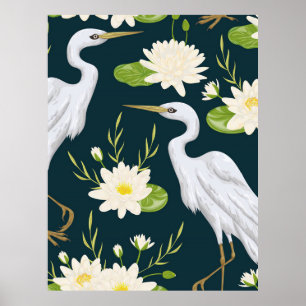 Póster Herons White Lily Green Foliage Waterscape