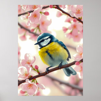 Póster Herrerillo azul acuarela pájaro en manzano cartel