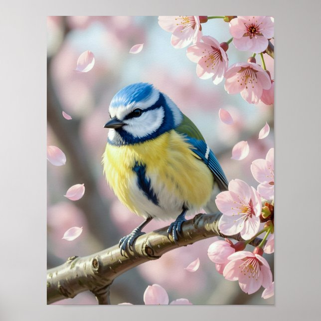 Póster Herrerillo común en árbol de flor de cerezo Primav (Frente)