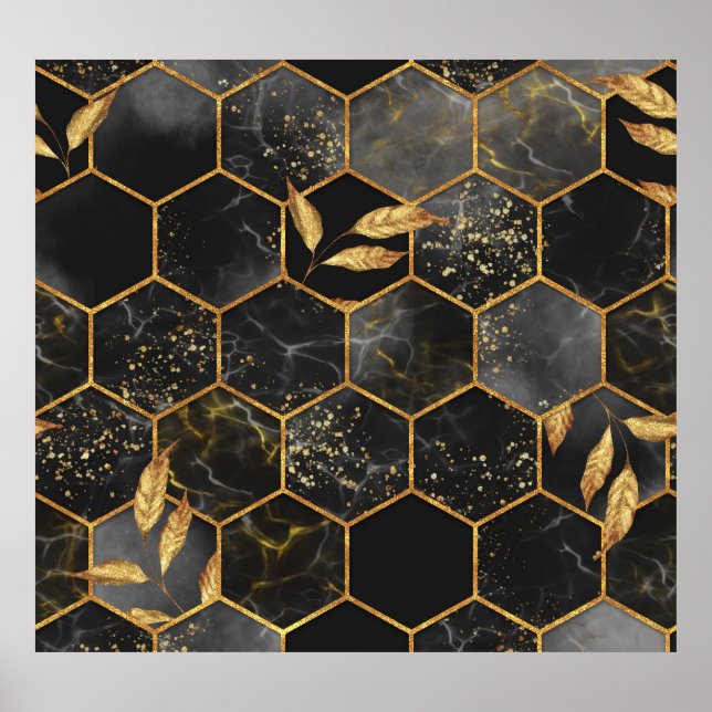 Póster Hexagón de Mármol, Textura de las hojas de oro. (Frente)