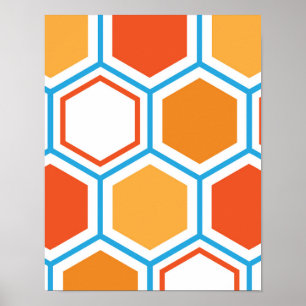Póster Hexagón en naranja, azul y blanco
