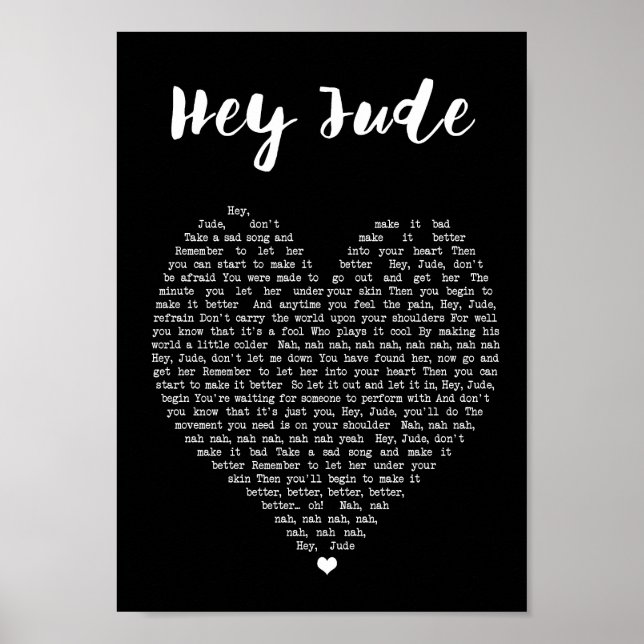 Póster Hey Jude Black Heart Wall Art Song Lyric Print (Frente)