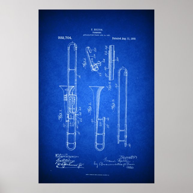 Póster Hi res Trombone Patent art Estilo Blueprint (Frente)