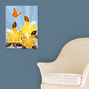Póster Hibisco Amarillo y Mariposa Cielo Azul Estilo Pop-