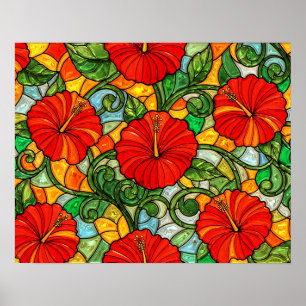 Póster Hibisco Falso Vidrio Pintado Rojo Dorado Naranja