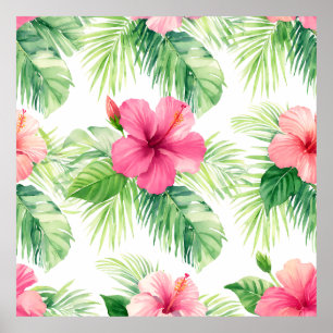 Póster Hibisco Rosa Palma Tropical Acuarela