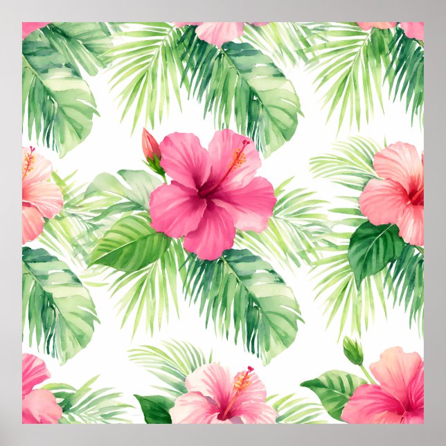 Póster Hibisco Rosa Palma Tropical Acuarela (Frente)