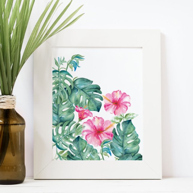 Póster Hibiscus and Monstera Leaves (Hibiscus flower and monstera palm leaves watercolor print by Victoria Grigaliunas of Do Tell A Belle)