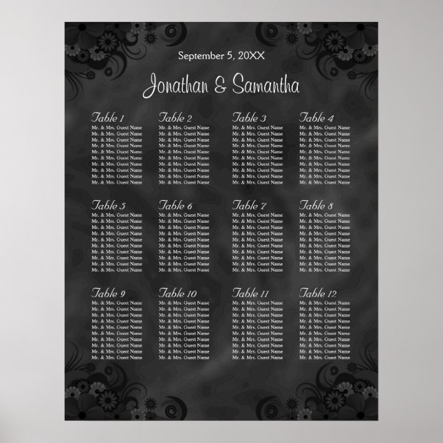 Póster Hibiscus Black 12 Tables Wedding Seating Chart (Frente)