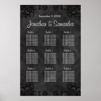 Póster Hibiscus Black 9 Tablas Tabla de asientos Boda