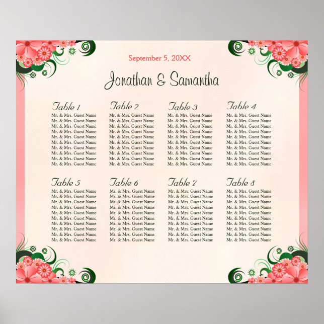 Póster Hibiscus Floral Pink 8 Table Wedding Seating Chart (Frente)
