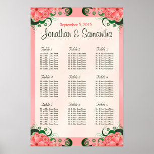 Póster Hibiscus Floral Pink 9 Table Wedding Seating Chart