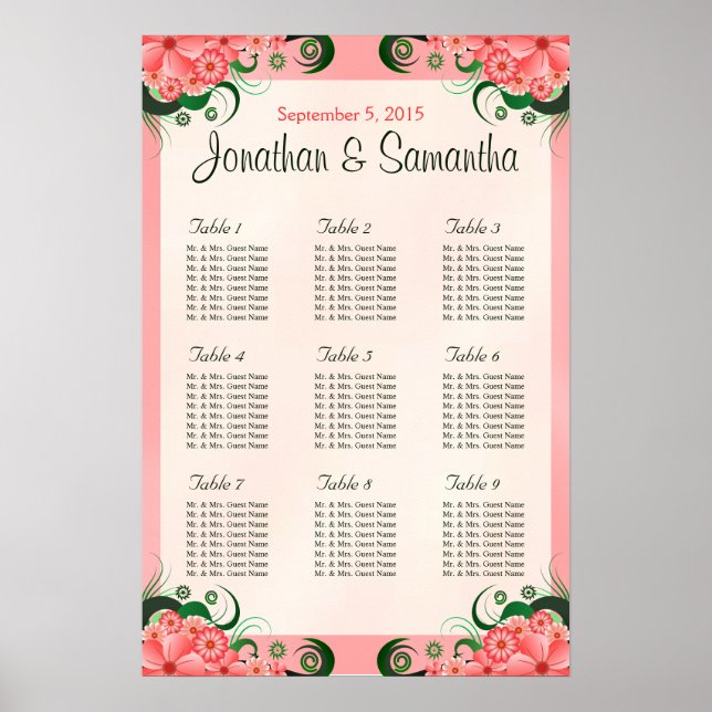 Póster Hibiscus Floral Pink 9 Table Wedding Seating Chart (Frente)