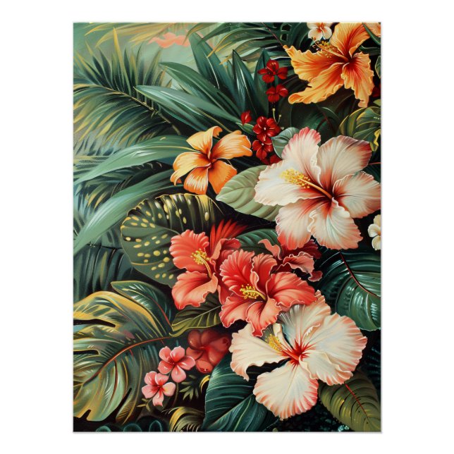 Póster Hibiscus Flowers Palm Fronds Tropical Decoupage (Anverso)