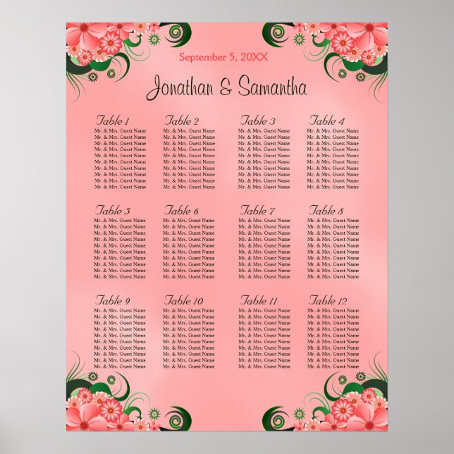 Póster Hibiscus Pink DIY 12 Tablas Tabla de asientos Boda (Frente)
