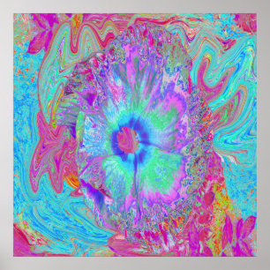 Póster Hibiscus psicodélico retro arcoiris azul