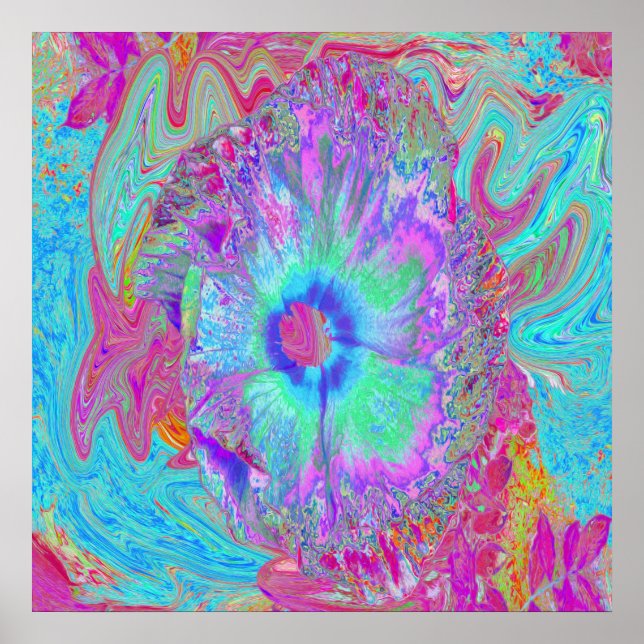 Póster Hibiscus psicodélico retro arcoiris azul (Frente)