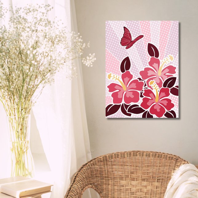 Póster Hibiscus rosado y mariposa rosada en verano (Summertime Blooming Pink Hibiscus & Butterfly )