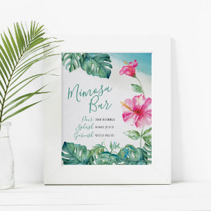 Póster Hibiscus Tropical Rosa Flor Mimosa Bar Watercolo