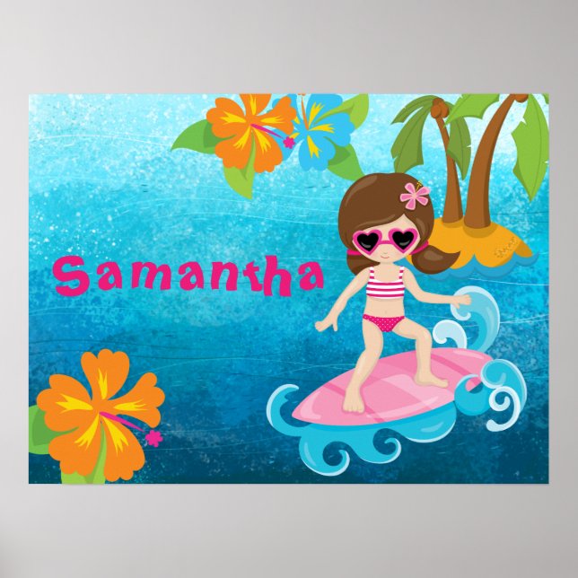 Póster Hibiscus y Palmas, Chica de Surfista Cuto Personal (Frente)