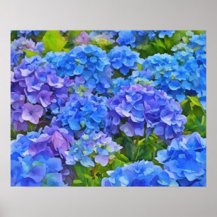 Póster Hidrangea Azul Flores Agua Floral Estilo Art