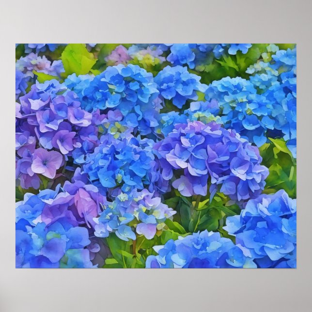 Póster Hidrangea Azul Flores Agua Floral Estilo Art (Frente)